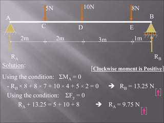E
5N 10N 8N
2m 2m 3m 1m
A
C D
B
Solution:
Using the condition: ΣMA = 0
- RB × 8 + 8 × 7 + 10 × 4 + 5 × 2 = 0  RB = 13.25 N
Using the condition: ΣFy = 0
RA + 13.25 = 5 + 10 + 8  RA = 9.75 N
RA RB
[Clockwise moment is Positive]
 