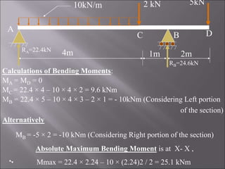 Calculations of Bending Moments:
MA = MD = 0
MC = 22.4 × 4 – 10 × 4 × 2 = 9.6 kNm
MB = 22.4 × 5 – 10 × 4 × 3 – 2 × 1 = - 10kNm (Considering Left portion
of the section)
Alternatively
MB = -5 × 2 = -10 kNm (Considering Right portion of the section)
Absolute Maximum Bending Moment is at X- X ,
Mmax = 22.4 × 2.24 – 10 × (2.24)2 / 2 = 25.1 kNm
4m 1m 2m
2 kN 5kN
10kN/m
A
B
C D
RA=22.4kN
RB=24.6kN
 