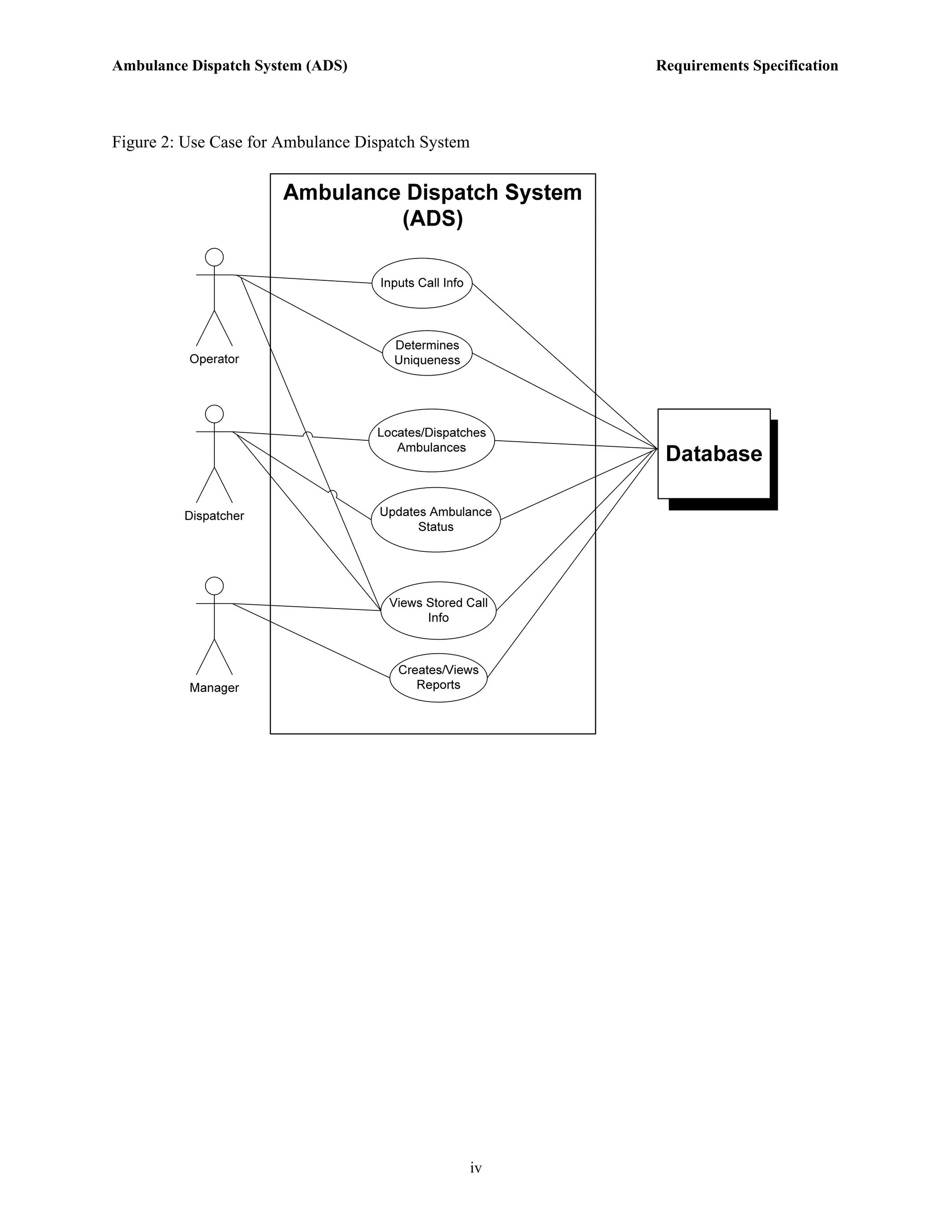 Ambulance Dispatch System (ADS)                         Requirements Specification



Figure 2: Use Case for Ambulance Dispatch System




                                                   iv
 