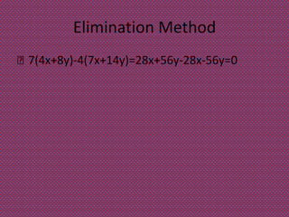 Elimination Method
 7(4x+8y)-4(7x+14y)=28x+56y-28x-56y=0
 