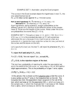 EXAMPLE SET 1: illustration using the Excel program
The curves in the Excel example depict the hypotheses in test T+, the
...