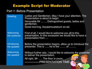 Example Script for Moderator
Part 1: Before Presentation
Greeting       Ladies and Gentlemen, May I have your attention. The
               Presentation is about to begin.
               Honorable Mr ……, Distinguished guests, ladies and
               gentlemen.
               Good morning, Assalamualaikum wr.wb

Welcoming      First of all, I would like to welcome you all to this
the audience   presentation. In this occassion we would like to have a
               presentation from ....

Introducing    Before the presentation begins, allow us to introduce the
the speaker    presenter. This is …., he is the ……. of ……..

Welcoming      Without further ado, I would like to welcome the presenter
the speaker    to deliver the presentation.
               All right, Mr ….. The floor is yours.
               ---------------PRESENTATION TIME----------
                                                                           1
 