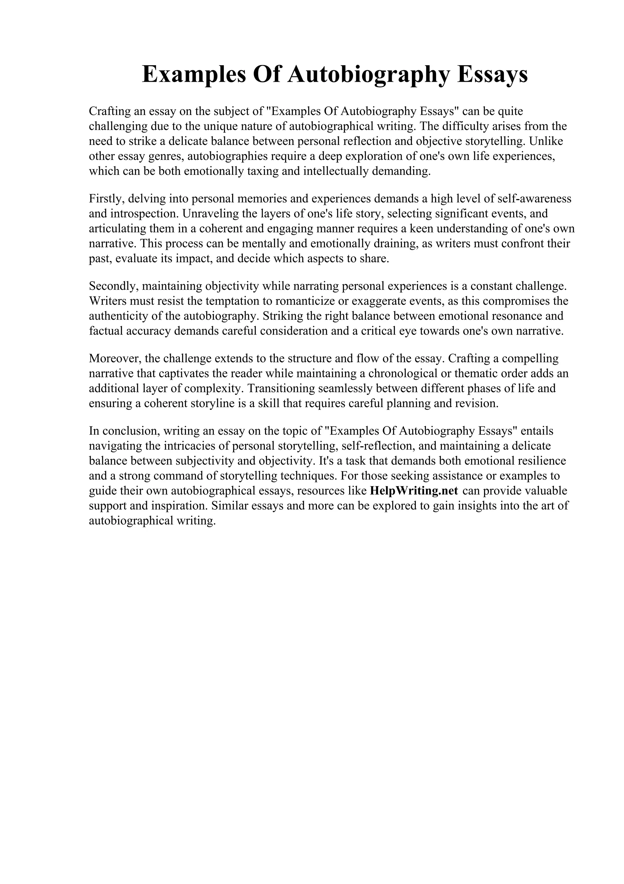 Examples Of Autobiography Essays. Example Of Autobiography About