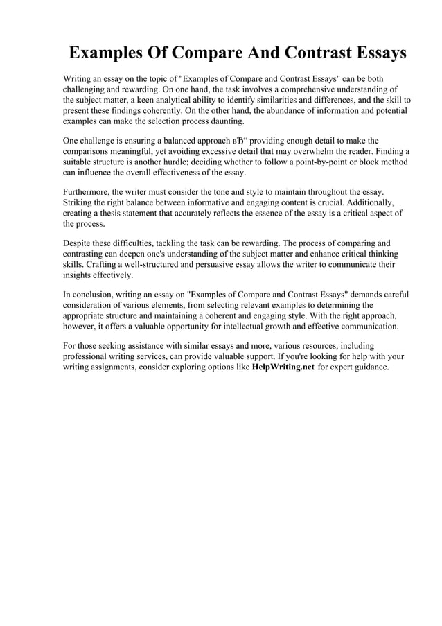 Examples Of Compare And Contrast Essays. Compare And Contrast Essay ...