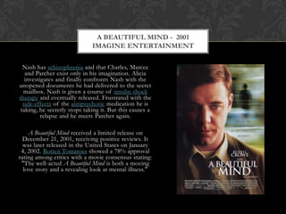 A BEAUTIFUL MIND - 2001
                              IMAGINE ENTERTAINMENT

  Nash has schizophrenia and that Charles, Marcee
   and Parcher exist only in his imagination. Alicia
   investigates and finally confronts Nash with the
unopened documents he had delivered to the secret
  mailbox. Nash is given a course of insulin shock
therapy and eventually released. Frustrated with the
  side-effects of the antipsychotic medication he is
 taking, he secretly stops taking it. But this causes a
          relapse and he meets Parcher again.

    A Beautiful Mind received a limited release on
  December 21, 2001, receiving positive reviews. It
  was later released in the United States on January
 4, 2002. Rotten Tomatoes showed a 78% approval
rating among critics with a movie consensus stating:
 "The well-acted A Beautiful Mind is both a moving
  love story and a revealing look at mental illness."
 