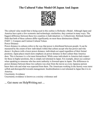 The Cultural Value Model Of Japan And Japan
The cultural value model that is being used in this outline is Hofstede s Model. Although Japan and
America have quite a few economic and technologic similarities, they contrast in many ways. The
biggest difference between these two countries is Individualism vs. Collectivism. Hofstede himself
finds that both of these cultures differ significantly on most these diminesions (Shah).
PART 1: Compare and Contrast Cultural Values
Power Distance
Power distance in cultures refers to the way that power is distributed between people. It can be
measured by the extent of how individuals within that culture accept who has power and who
doesn t. In places with a lower power distance, individuals act equal regardless of their formal
positions. Japan places much more emphasis on power distance in their culture than America
does. This is because it s a lot more hierarchical. While some individuals in America lack respect
for those in higher positions, this is simply not tolerated in Japan. For example, direct eye contract
when speaking to someone who has more authority is frowned upon in Japan. The differences in
power distance between these two cultures was clear from the movie as every Japanese person
knew their role and what was expected from them. The Americans working in the factory were more
selfish and disrespectful towards management. Insubordination is not tolerated in Japan like it is in
America.
Uncertainty Avoidance
Uncertainty avoidance is known as a society s tolerance and
... Get more on HelpWriting.net ...
 