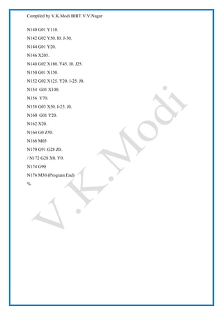 Compiled by V.K.Modi BBIT V.V.Nagar
N140 G01 Y110.
N142 G02 Y50. I0. J-30.
N144 G01 Y20.
N146 X205.
N148 G02 X180. Y45. I0. J25.
N150 G01 X150.
N152 G02 X125. Y20. I-25. J0.
N154 G01 X100.
N156 Y70.
N158 G03 X50. I-25. J0.
N160 G01 Y20.
N162 X20.
N164 G0 Z50.
N168 M05
N170 G91 G28 Z0.
/ N172 G28 X0. Y0.
N174 G90
N176 M30 (Program End)
%
 