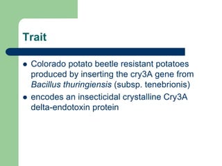 Trait
 Colorado potato beetle resistant potatoes
produced by inserting the cry3A gene from
Bacillus thuringiensis (subsp. tenebrionis)
 encodes an insecticidal crystalline Cry3A
delta-endotoxin protein
 