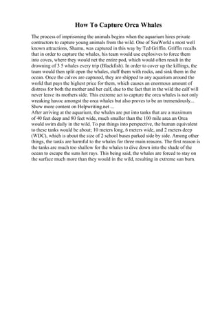 How To Capture Orca Whales
The process of imprisoning the animals begins when the aquarium hires private
contractors to capture young animals from the wild. One of SeaWorld s most well
known attractions, Shamu, was captured in this way by Ted Griffin. Griffin recalls
that in order to capture the whales, his team would use explosives to force them
into coves, where they would net the entire pod, which would often result in the
drowning of 3 5 whales every trip (Blackfish). In order to cover up the killings, the
team would then split open the whales, stuff them with rocks, and sink them in the
ocean. Once the calves are captured, they are shipped to any aquarium around the
world that pays the highest price for them, which causes an enormous amount of
distress for both the mother and her calf, due to the fact that in the wild the calf will
never leave its mothers side. This extreme act to capture the orca whales is not only
wreaking havoc amongst the orca whales but also proves to be an tremendously...
Show more content on Helpwriting.net ...
After arriving at the aquarium, the whales are put into tanks that are a maximum
of 40 feet deep and 80 feet wide, much smaller than the 100 mile area an Orca
would swim daily in the wild. To put things into perspective, the human equivalent
to these tanks would be about; 10 meters long, 6 meters wide, and 2 meters deep
(WDC), which is about the size of 2 school buses parked side by side. Among other
things, the tanks are harmful to the whales for three main reasons. The first reason is
the tanks are much too shallow for the whales to dive down into the shade of the
ocean to escape the suns hot rays. This being said, the whales are forced to stay on
the surface much more than they would in the wild, resulting in extreme sun burn.
 