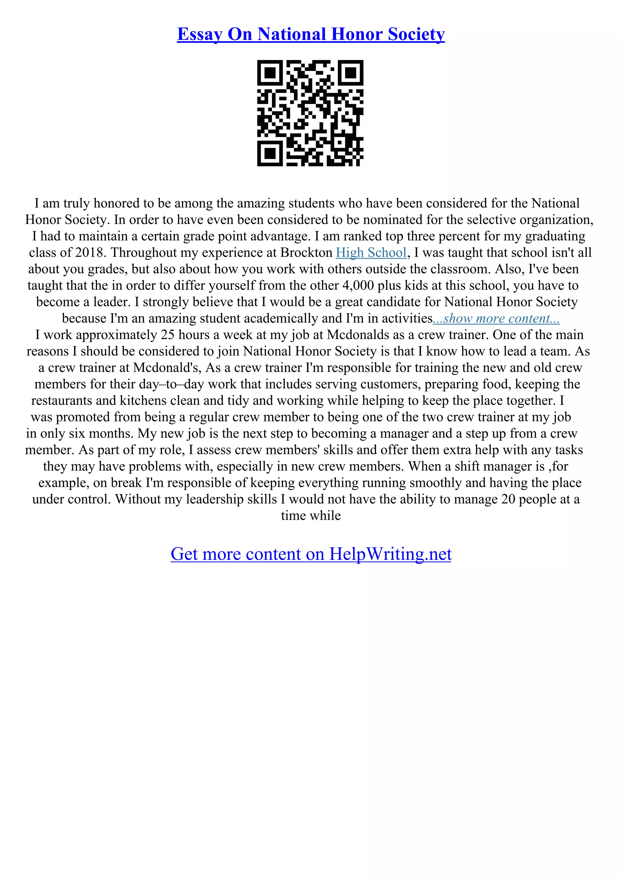 Examples Of National Honor Society Essays | PDF