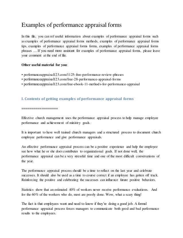 examples of performance appraisal forms performance review template examples