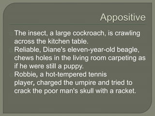 The insect, a large cockroach, is crawling
across the kitchen table.
Reliable, Diane's eleven-year-old beagle,
chews holes in the living room carpeting as
if he were still a puppy.
Robbie, a hot-tempered tennis
player, charged the umpire and tried to
crack the poor man's skull with a racket.
 