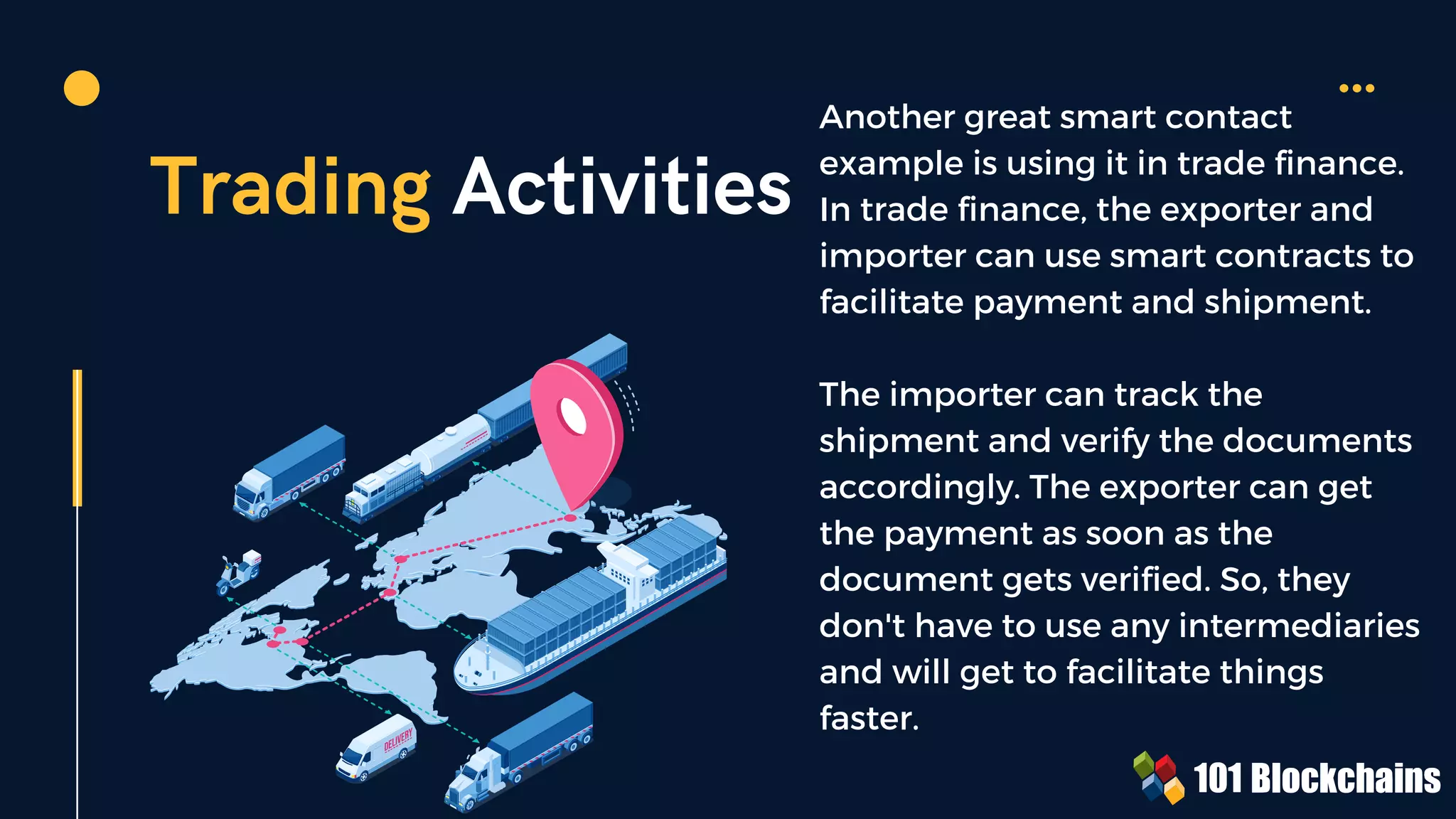 Trading Activities
Another great smart contact
example is using it in trade finance.
In trade finance, the exporter and
importer can use smart contracts to
facilitate payment and shipment.
The importer can track the
shipment and verify the documents
accordingly. The exporter can get
the payment as soon as the
document gets verified. So, they
don't have to use any intermediaries
and will get to facilitate things
faster.
 