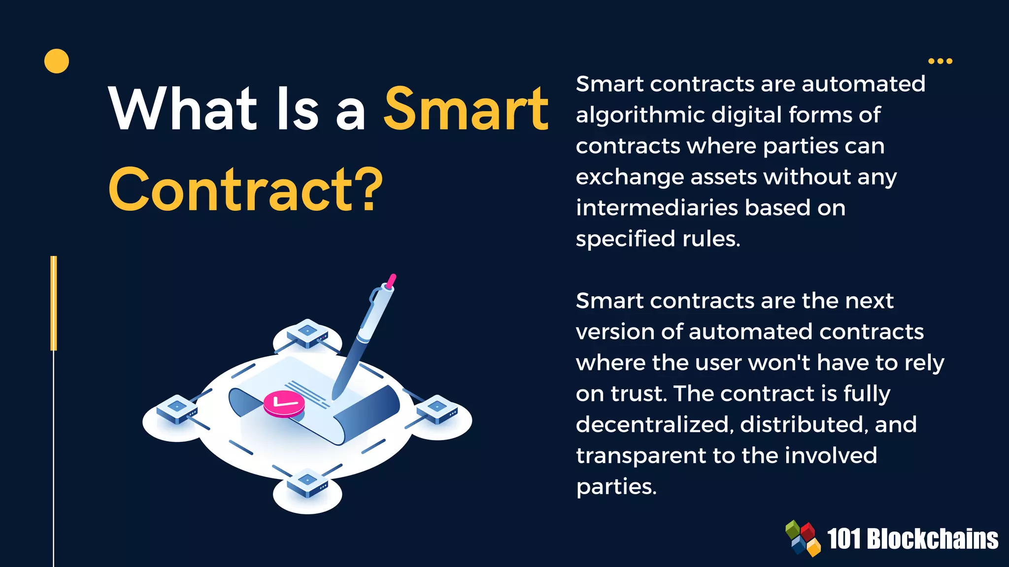 What Is a Smart
Contract?
Smart contracts are automated
algorithmic digital forms of
contracts where parties can
exchange assets without any
intermediaries based on
specified rules.
Smart contracts are the next
version of automated contracts
where the user won't have to rely
on trust. The contract is fully
decentralized, distributed, and
transparent to the involved
parties.
 