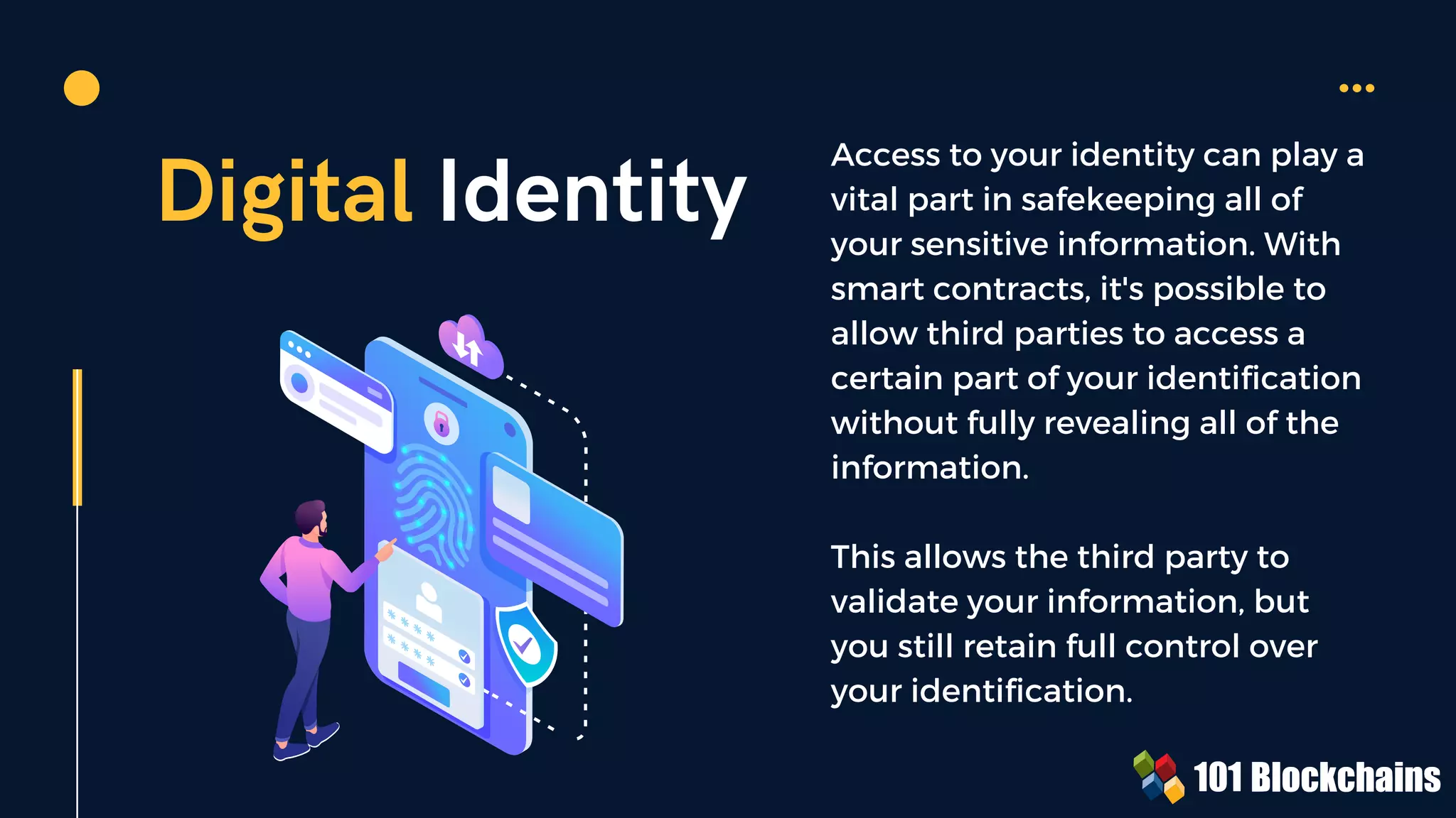 Digital Identity
Access to your identity can play a
vital part in safekeeping all of
your sensitive information. With
smart contracts, it's possible to
allow third parties to access a
certain part of your identification
without fully revealing all of the
information.
This allows the third party to
validate your information, but
you still retain full control over
your identification.
 