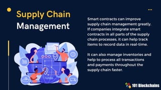 Supply Chain
Management
Smart contracts can improve
supply chain management greatly.
If companies integrate smart
contracts in all parts of the supply
chain processes, it can help track
items to record data in real-time.
It can also manage inventories and
help to process all transactions
and payments throughout the
supply chain faster.
 