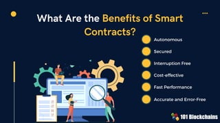 What Are the Benefits of Smart
Contracts?
Autonomous
Secured
Interruption Free
Cost-effective
Fast Performance
Accurate and Error-Free
 
