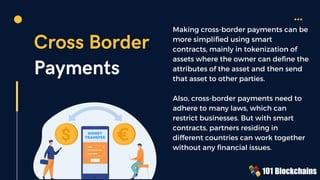 Cross Border
Payments
Making cross-border payments can be
more simplified using smart
contracts, mainly in tokenization of
assets where the owner can define the
attributes of the asset and then send
that asset to other parties.
Also, cross-border payments need to
adhere to many laws, which can
restrict businesses. But with smart
contracts, partners residing in
different countries can work together
without any financial issues.
 