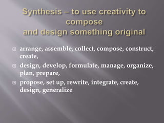  arrange, assemble, collect, compose, construct,
create,
 design, develop, formulate, manage, organize,
plan, prepare,
 propose, set up, rewrite, integrate, create,
design, generalize
 