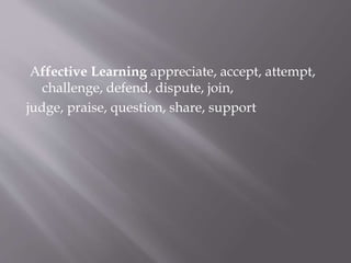 Affective Learning appreciate, accept, attempt,
challenge, defend, dispute, join,
judge, praise, question, share, support
 