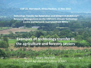 Examples	of	technology	transfer	in	
the	agriculture	and	forestry	sectors	
COP	22,	Marrakech,	Africa	Pavilion,	11	Nov	2016
Henry	Neufeldt
World	Agroforestry	Centre	(ICRAF)
Technology	Transfer	for	Adaptation	and	Mitigation	in	Natural	
Resource	Management	via	the	UNFCCC’s	Climate	Technology	
Centre	and	Network:	Examples	from	Africa
 