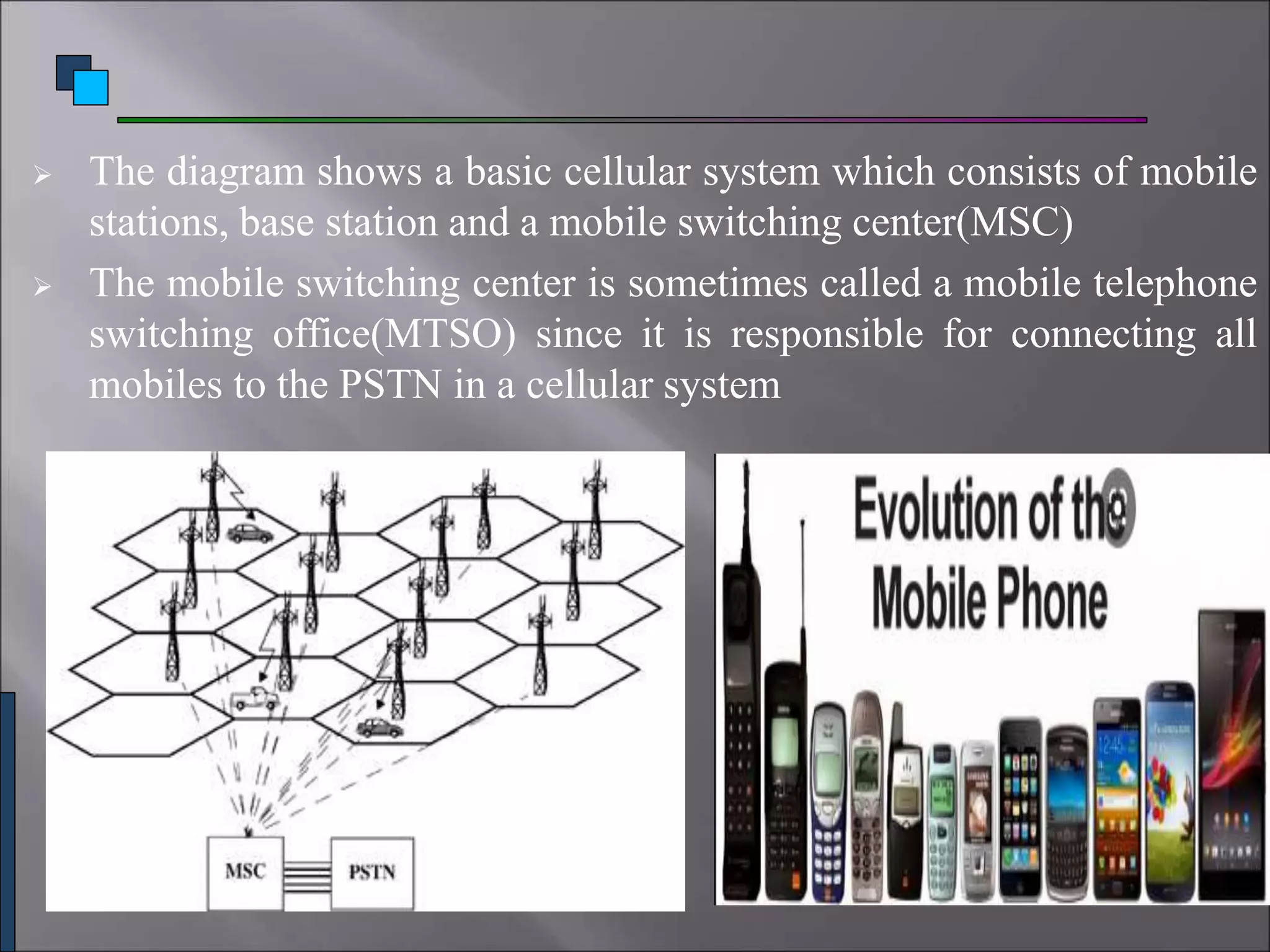  The diagram shows a basic cellular system which consists of mobile
stations, base station and a mobile switching center(MSC)
 The mobile switching center is sometimes called a mobile telephone
switching office(MTSO) since it is responsible for connecting all
mobiles to the PSTN in a cellular system
 