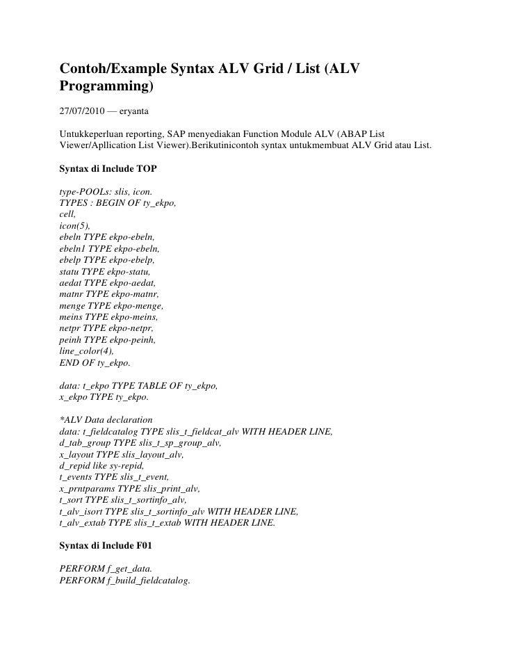 Example syntax alv grid list