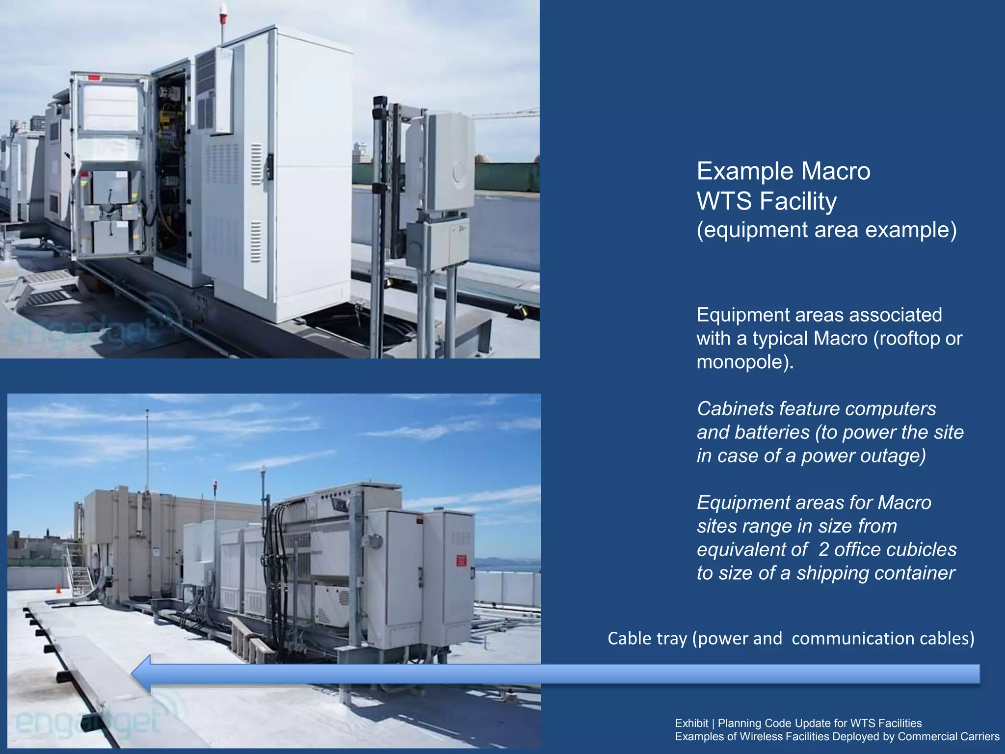 Exhibit | Planning Code Update for WTS Facilities
Examples of Wireless Facilities Deployed by Commercial Carriers
Example Macro
WTS Facility
Screened Rooftop-Mounted
Facility
3 panel antennas in fake
rooftop-mounted vent pipes,
and equipment on roof and in
rear yard
 