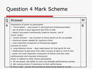 Question 4 Mark Scheme 6 Importance of power to participants 􀁸  Tennis player – uses power in serve/ground strokes/equivalent –  use of power to give opponent less time on ball –  doesn’t use power continuously (need to recover, use of ‘ touch’ shots). 􀁸  Javelin thrower – use of power to throw javelin as far as possible –  maximum power needed for maximum force –  most important component of fitness/has biggest outcome on event. 􀁸  Long distance runner – does need power for final sprint for line –  needs power to get away from other runners at start or end of race –  power not most important component of fitness (will also need cardiovascular and muscular endurance). Power in relation to other shown participants 􀁸  All use power, the ability to carry out strength performances quickly. 􀁸  But varying levels of importance to their performance. 􀁸  Rank order – javelin thrower/tennis player/long distance runner. 4 M Answer Q 