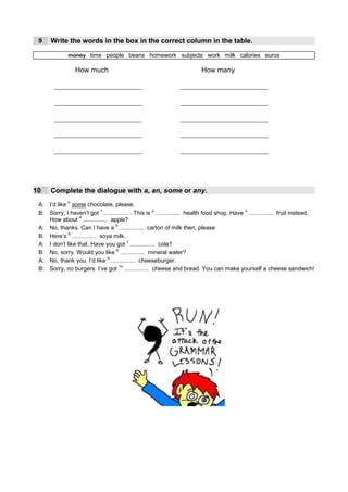 9    Write the words in the box in the correct column in the table.

             money time people beans homework subjects work milk calories euros

                 How much                                              How many

            time
       _________________________                                   people
                                                              _________________________

             homework
       _________________________                                    beans
                                                              _________________________
               work
       _________________________                                   subjects
                                                              _________________________

             milk
       _________________________                                  calories
                                                              _________________________
                   money                                           euros
       _________________________                              _________________________




10    Complete the dialogue with a, an, some or any.
             0
 A: I’d like some chocolate, please.
                           1
                             any                  2
                                                      a                                  3   some
 B: Sorry, I haven’t got ............... . This is ............... health food shop. Have ............... fruit instead.
                  4
                        an
    How about ............... apple?
                                5      ----
 A: No, thanks. Can I have a ............... carton of milk then, please
             6
 B: Here’s ............... soya milk.
                some
                                       7    any
 A: I don’t like that. Have you got ............... cola?
                                 8
                                     some
 B: No, sorry. Would you like ............... mineral water?
                              9
 A: No, thank you. I’d like ............... cheeseburger.
                                a
                                   10 some
 B: Sorry, no burgers. I’ve got ............... cheese and bread. You can make yourself a cheese sandwich!
 