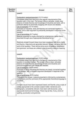 7

Question                                                                               Max
                                            Answer
Number                                                                                 Mark
           Level 3

           Explanation/ analysis/argument (12-15 marks)
           Candidates adapt their learning to the specific requirements of the
           question well, in the main. The answer offers a sensible, mostly clear
           balance of media theories and knowledge of industries and texts, with a
           proficient attempt at personally engaging with issues and debates.
           Use of examples (12-15 marks)
           Examples of industries, texts and theories are connected together in
           places, and a clear argument is proficiently developed in response to the
           question.




                                 EN
           Use of terminology (6-7 marks)
           Material presented is mostly informed by contemporary media theory,
           described through use of appropriate theoretical terms.

           Relatively straight forward ideas have been expressed with some clarity
           and fluency. Arguments are generally relevant, though may stray from the
           point of the question. There will be some errors of spelling, punctuation
           and grammar, but these are unlikely to be intrusive or obscure meaning.
                               IM
           Level 4

           Explanation/ analysis/argument (16-20 marks)
           Candidates adapt their learning to the specific requirements of the
  EC

           question in excellent fashion. The answer offers a clear, articulate
           balance of media theories, knowledge of texts and industries and
           personal engagement with issues and debates.
           Use of examples (16-20 marks)
           Examples of texts, industries and theories are clearly connected together
           in the answer, with a coherent argument developed in response to the
           question.
           Use of terminology (8-10 marks)
SP


           Throughout the answer, material presented is informed by contemporary
           media theory and the command of the appropriate theoretical language is
           excellent.

           Complex issues have been expressed clearly and fluently using a style of
           writing appropriate to the complex subject matter. Sentences and
           paragraphs, consistently relevant, have been well structured, using
           appropriate technical terminology. There may be few, if any, errors of
           spelling, punctuation and grammar.
 