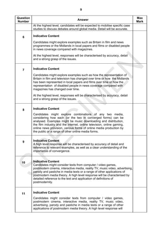 9

Question                                                                                 Max
                                             Answer
Number                                                                                   Mark
           At the highest level, candidates will be expected to mobilise specific case
           studies to discuss debates around global media. Detail will be accurate.

   6       Indicative Content

           Candidates might explore examples such as Britain in film and news
           programmes or the Midlands in local papers and films or disabled people
           in news coverage compared with magazines.

           At the highest level, responses will be characterised by accuracy, detail
           and a strong grasp of the issues.




                                  EN
   7       Indicative Content

           Candidates might explore examples such as how the representation of
           Britain in film and television has changed over time or how the Midlands
           has been represented in local papers and films over time or how the
           representation of disabled people in news coverage compared with
           magazines has changed over time.

           At the highest level, responses will be characterised by accuracy, detail
                                IM
           and a strong grasp of the issues.


   8       Indicative Content
           Candidates might explore combinations of any two media,
           considering how each (or the two in converged forms) can be
  EC
           analysed. Examples might be music downloading and distribution,
           the film industry and the internet, online television, online gaming,
           online news provision, various forms of online media production by
           the public or a range of other online media forms.


   9       Indicative Content
           A high level response will be characterised by accuracy of detail and
           reference to relevant examples, as well as a clear understanding of the
           importance of convergence.
SP



  10       Indicative Content
           Candidates might consider texts from computer / video games,
           postmodern cinema, interactive media, reality TV, music video, advertising,
           parody and pastiche in media texts or a range of other applications of
           postmodern media theory. A high level response will be characterised by
           detailed reference to the text and application of definitions of
           postmodernity.


  11       Indicative Content
           Candidates might consider texts from computer / video games,
           postmodern cinema, interactive media, reality TV, music video,
           advertising, parody and pastiche in media texts or a range of other
           applications of postmodern media theory. A high level response will
 