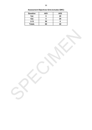 11

  Assessment Objectives Grid (includes QWC)

  Question          AO1             AO2
    1(a)             5               20
    1(b)             5               20
    2-13             50               0
   Totals            60              40




             EN
           IM
  EC
SP
 