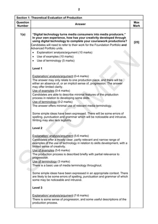 2

Section 1: Theoretical Evaluation of Production
Question                                                                                  Max
                                             Answer
Number                                                                                    Mark

  1(a)      “Digital technology turns media consumers into media producers.”
            In your own experience, how has your creativity developed through
            using digital technology to complete your coursework productions?             [25]
           Candidates will need to refer to their work for the Foundation Portfolio and
           Advanced Portfolio units.
            • Explanation/ analysis/argument (10 marks)
            • Use of examples (10 marks)
            • Use of terminology (5 marks)




                                  EN
            Level 1

            Explanation/ analysis/argument (0-4 marks)
            The answer may only relate to one production piece, and there will be
            either an absence of, or an implicit sense of, progression. The answer
            may offer limited clarity.
            Use of examples (0-4 marks)
                                IM
            Candidates are able to describe minimal features of the production
            process in relation to developing some skills.
            Use of terminology (0-2 marks)
            The answer offers minimal use of relevant media terminology.

            Some simple ideas have been expressed. There will be some errors of
            spelling, punctuation and grammar which will be noticeable and intrusive.
  EC

            Writing may also lack legibility.

            Level 2

            Explanation/ analysis/argument (5-6 marks)
            Candidates offer a mostly clear, partly relevant and narrow range of
            examples of the use of technology in relation to skills development, with a
            limited sense of creativity.
SP


            Use of examples (5-6 marks)
            The production process is described briefly with partial relevance to
            progression.
            Use of terminology (3 marks)
            There is a basic use of media terminology throughout.

            Some simple ideas have been expressed in an appropriate context. There
            are likely to be some errors of spelling, punctuation and grammar of which
            some may be noticeable and intrusive.

            Level 3

            Explanation/ analysis/argument (7-8 marks)
            There is some sense of progression, and some useful descriptions of the
            production process.
 
