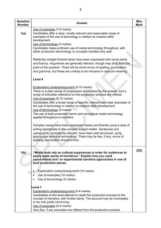 3


Question                                                                                 Max
                                             Answer
Number                                                                                   Mark
            Use of examples (7-8 marks)
  1(a)      Candidates offer a clear, mostly relevant and reasonable range of
            examples of the use of technology in relation to creative skills
            development.
            Use of terminology (4 marks)
            Candidates make proficient use of media terminology throughout, with
            either production terminology or concepts handled very well.

            Relatively straight forward ideas have been expressed with some clarity
            and fluency. Arguments are generally relevant, though may stray from the




                                  EN
            point of the question. There will be some errors of spelling, punctuation
            and grammar, but these are unlikely to be intrusive or obscure meaning.

            Level 4

            Explanation/ analysis/argument (9-10 marks)
            There is a clear sense of progression established by the answer, and a
            range of articulate reflections on the production process are offered.
                                IM
            Use of examples (9-10 marks)
            Candidates offer a broad range of specific, relevant and clear examples of
            the use of technology in relation to creative skills development.
            Use of terminology (5 marks)
            The use of both production terms and conceptual media terminology
            applied throughout is excellent.
  EC

            Complex issues have been expressed clearly and fluently using a style of
            writing appropriate to the complex subject matter. Sentences and
            paragraphs, consistently relevant, have been well structured, using
            appropriate technical terminology. There may be few, if any, errors of
            spelling, punctuation and grammar.
SP


                                                                                         [25]
  1(b)      “Media texts rely on cultural experiences in order for audiences to
            easily make sense of narratives.” Explain how you used
            conventional and / or experimental narrative approaches in one of
            your production pieces.

            •   Explanation/ analysis/argument (10 marks)
            •   Use of examples (10 marks)
            •   Use of terminology (5 marks)

           Level 1
            Explanation/ analysis/argument (0-4 marks)
            Candidates at this level attempt to relate the production process to the
            concept of narrative, with limited clarity. The account may be incomplete,
            or be only partly convincing.
            Use of examples (0-4 marks)
            Very few, if any examples are offered from the production process.
 