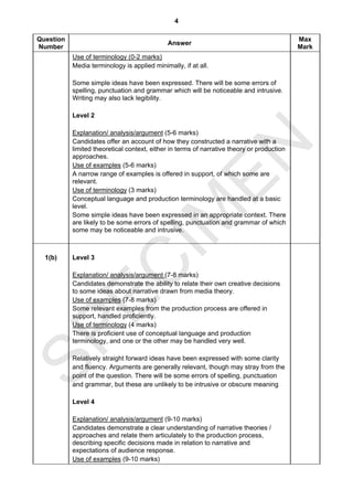 4

Question                                                                                    Max
                                              Answer
Number                                                                                      Mark
           Use of terminology (0-2 marks)
           Media terminology is applied minimally, if at all.

           Some simple ideas have been expressed. There will be some errors of
           spelling, punctuation and grammar which will be noticeable and intrusive.
           Writing may also lack legibility.

           Level 2

           Explanation/ analysis/argument (5-6 marks)
           Candidates offer an account of how they constructed a narrative with a




                                  EN
           limited theoretical context, either in terms of narrative theory or production
           approaches.
           Use of examples (5-6 marks)
           A narrow range of examples is offered in support, of which some are
           relevant.
           Use of terminology (3 marks)
           Conceptual language and production terminology are handled at a basic
           level.
                                IM
           Some simple ideas have been expressed in an appropriate context. There
           are likely to be some errors of spelling, punctuation and grammar of which
           some may be noticeable and intrusive.



  1(b)     Level 3
  EC

           Explanation/ analysis/argument (7-8 marks)
           Candidates demonstrate the ability to relate their own creative decisions
           to some ideas about narrative drawn from media theory.
           Use of examples (7-8 marks)
           Some relevant examples from the production process are offered in
           support, handled proficiently.
           Use of terminology (4 marks)
SP


           There is proficient use of conceptual language and production
           terminology, and one or the other may be handled very well.

           Relatively straight forward ideas have been expressed with some clarity
           and fluency. Arguments are generally relevant, though may stray from the
           point of the question. There will be some errors of spelling, punctuation
           and grammar, but these are unlikely to be intrusive or obscure meaning

           Level 4

           Explanation/ analysis/argument (9-10 marks)
           Candidates demonstrate a clear understanding of narrative theories /
           approaches and relate them articulately to the production process,
           describing specific decisions made in relation to narrative and
           expectations of audience response.
           Use of examples (9-10 marks)
 