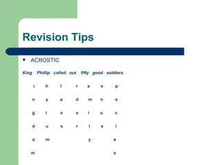 Revision Tips
   ACROSTIC

King       Phillip called out       fifty good soldiers.


       i      h      l          r      a     e     p


       n       y     a      d          m     n     e


       g       l     s          e      i    u      c


       d       u     s          r      l     s     i


       o       m                       y           e


    m                                              s
 
