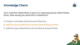 Your customer Allied Kicks is part of a corporate group called Global
Kicks. How would you show this in Salesforce?
A. Create a new ﬁeld called Account Hierarchy
B. Add the value Global Kicks into the Parent Account Field
C. Add the value Allied Kicks into the Parent Account Field
Knowledge Check
 