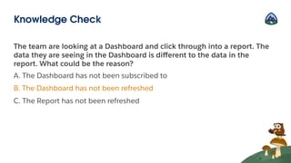 The team are looking at a Dashboard and click through into a report. The
data they are seeing in the Dashboard is diﬀerent to the data in the
report. What could be the reason?
A. The Dashboard has not been subscribed to
B. The Dashboard has not been refreshed
C. The Report has not been refreshed
Knowledge Check
 