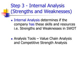 Step 3 - Internal Analysis
(Strengths and Weaknesses)
   Internal Analysis determines if the
    company has these skills and resources
    i.e. Strengths and Weaknesses in SWOT

   Analysis Tools – Value Chain Analysis
    and Competitive Strength Analysis
 