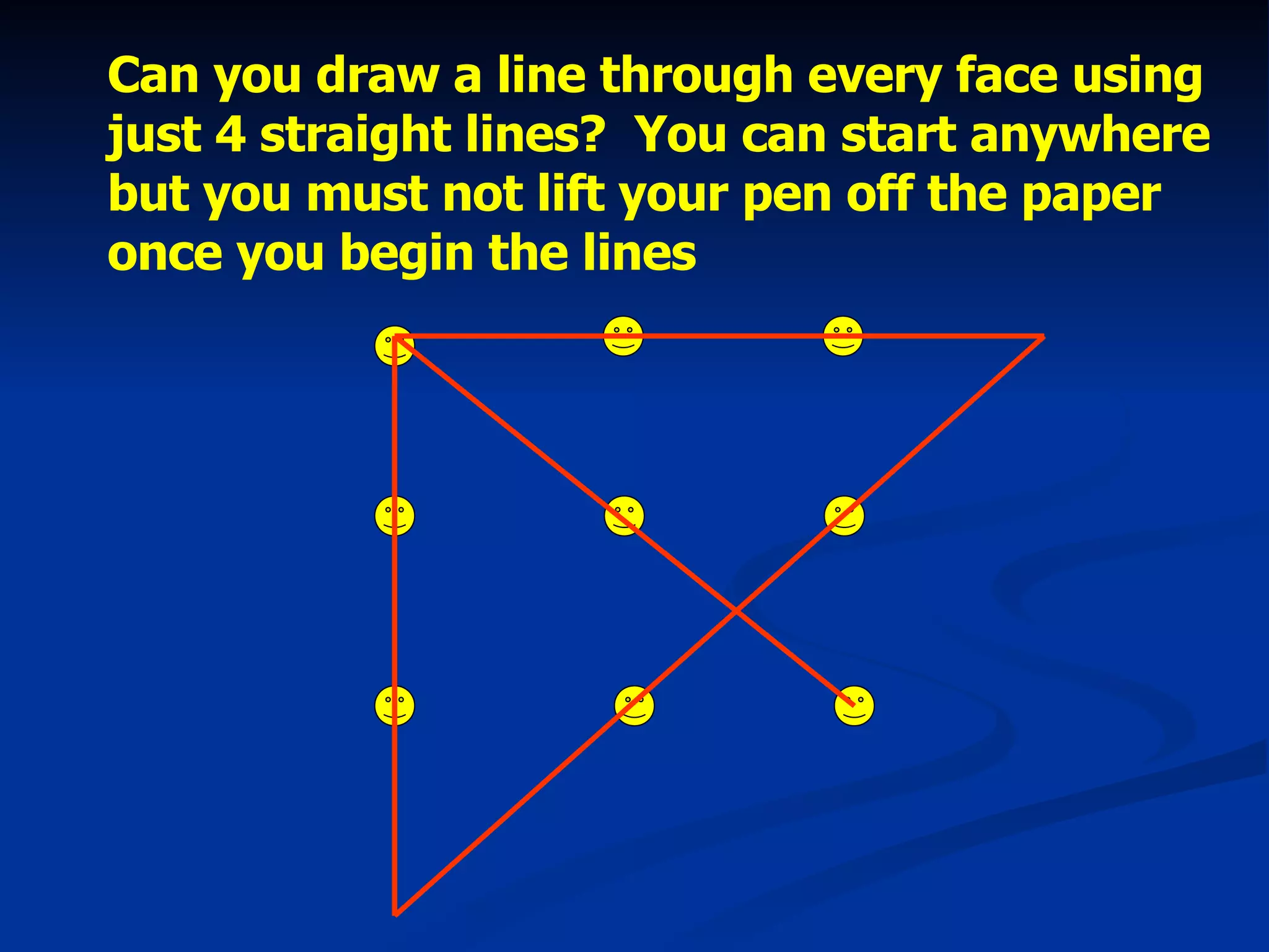 Can you draw a line through every face using just 4 straight lines?  You can start anywhere but you must not lift your pen off the paper once you begin the lines 