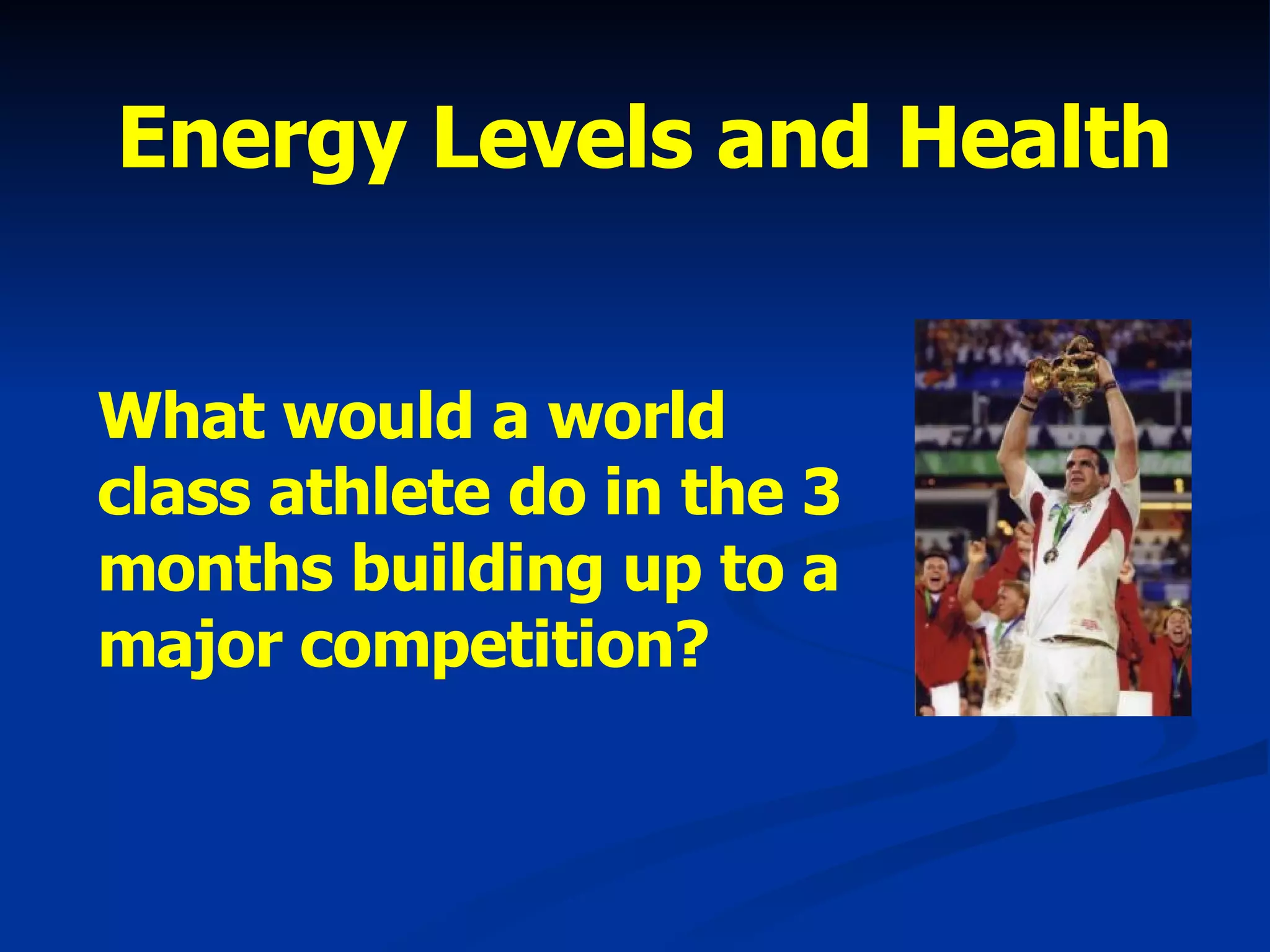 Energy Levels and Health What would a world class athlete do in the 3 months building up to a major competition? 