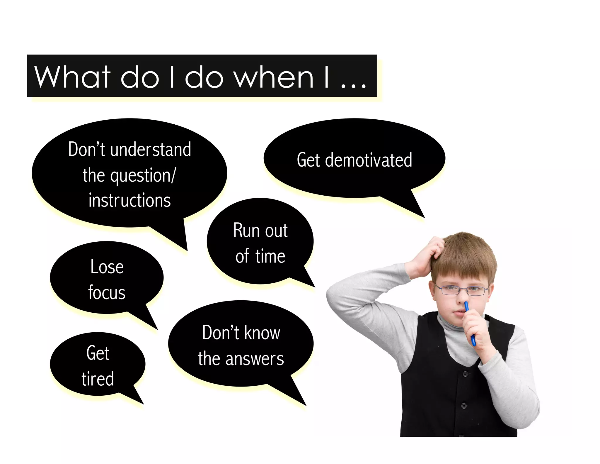 What do I do when I … 
Don’t know 
the answers 
Don’t understand 
the question/ 
instructions 
Run out 
of time 
Lose 
focus 
Get 
tired 
Get demotivated 
 