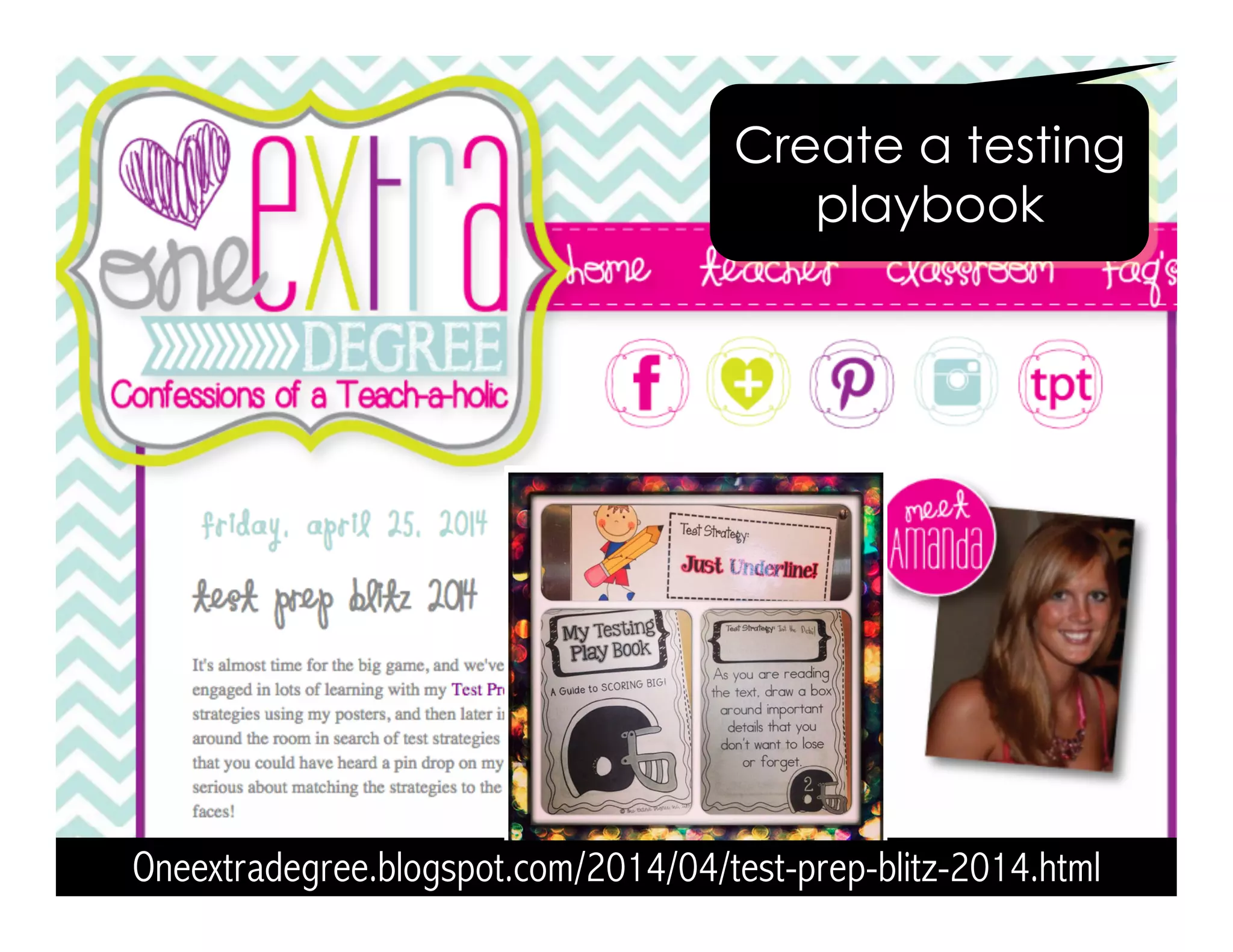 Create a testing 
playbook 
Oneextradegree.blogspot.com/2014/04/test-prep-blitz-2014.html 
 