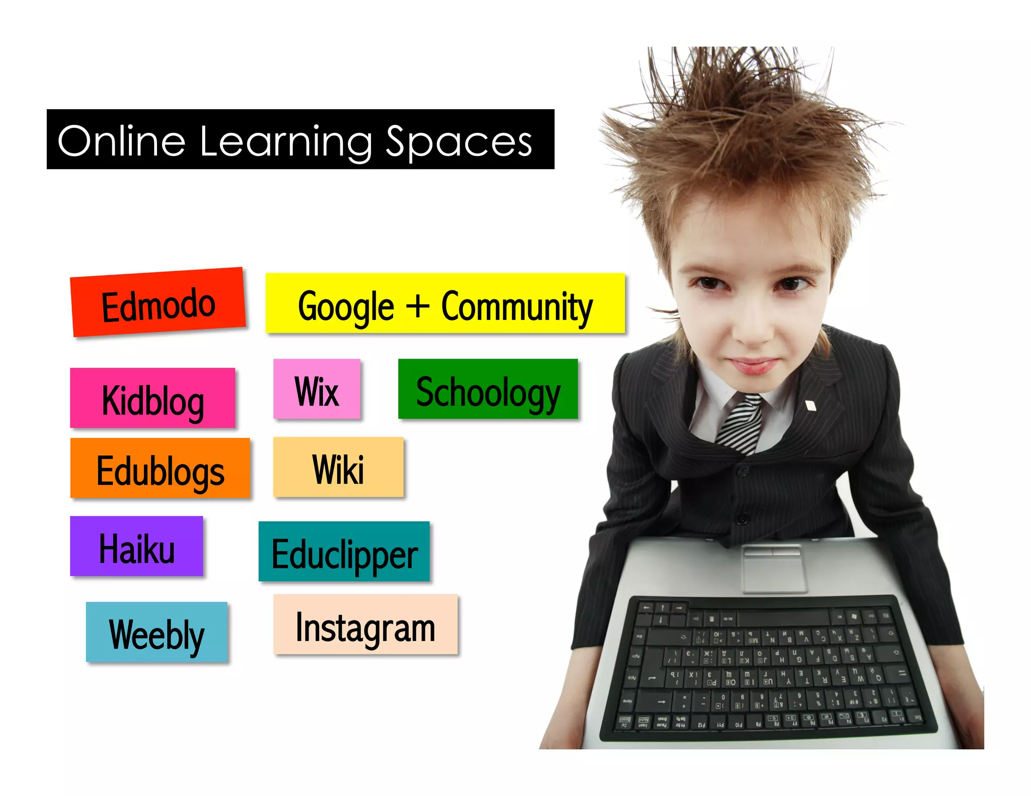 Online Learning Spaces 
Edmodo 
Kidblog 
Wix Schoology 
Wiki 
Educlipper 
Haiku 
Google + Community 
Edublogs 
Instagram 
Weebly 
 