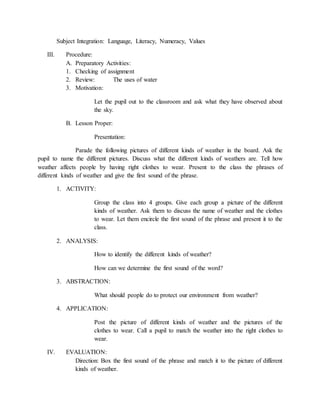 Subject Integration: Language, Literacy, Numeracy, Values
III. Procedure:
A. Preparatory Activities:
1. Checking of assignment
2. Review: The uses of water
3. Motivation:
Let the pupil out to the classroom and ask what they have observed about
the sky.
B. Lesson Proper:
Presentation:
Parade the following pictures of different kinds of weather in the board. Ask the
pupil to name the different pictures. Discuss what the different kinds of weathers are. Tell how
weather affects people by having right clothes to wear. Present to the class the phrases of
different kinds of weather and give the first sound of the phrase.
1. ACTIVITY:
Group the class into 4 groups. Give each group a picture of the different
kinds of weather. Ask them to discuss the name of weather and the clothes
to wear. Let them encircle the first sound of the phrase and present it to the
class.
2. ANALYSIS:
How to identify the different kinds of weather?
How can we determine the first sound of the word?
3. ABSTRACTION:
What should people do to protect our environment from weather?
4. APPLICATION:
Post the picture of different kinds of weather and the pictures of the
clothes to wear. Call a pupil to match the weather into the right clothes to
wear.
IV. EVALUATION:
Direction: Box the first sound of the phrase and match it to the picture of different
kinds of weather.
 
