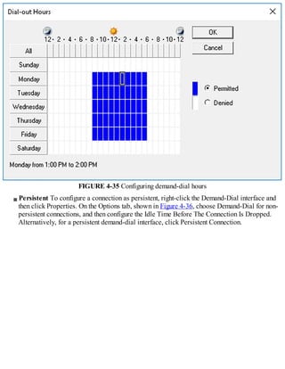 FIGURE 4-35 Configuring demand-dial hours
Persistent To configure a connection as persistent, right-click the Demand-Dial interface and
then click Properties. On the Options tab, shown in Figure 4-36, choose Demand-Dial for non-
persistent connections, and then configure the Idle Time Before The Connection Is Dropped.
Alternatively, for a persistent demand-dial interface, click Persistent Connection.
 