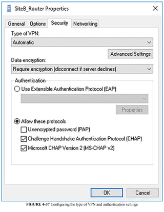 FIGURE 4-37 Configuring the type of VPN and authentication settings
 