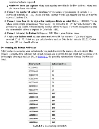 number of subnets required.
Number of hosts per segment More hosts require more bits in the IPv4 address. More host
bits means fewer subnet bits.
2. Convert the number of subnets into binary For example if you require 12 subnets, it is
expressed in binary as 1100. This is four bits. In other words, you require four bits of binary to
express 12 subnet IDs.
3. Convert these four bits to high order contiguous bits in an octet That is, 11110000. This is
where some people get confused. “How does 1100 convert to 1111?” they ask. It doesn’t. The
process we use in step 3 determines the number of bits we need. It’s worth noting that we need
the same number of bits to express 14 (which is 1110).
4. Convert this octet to decimal In this case, 240. This is your decimal mask.
5. Apply your decimal mask to your chosen network ID For example, if you are using the
network ID of 172.16.0.0, and you calculated the mask as 240, the full mask is 255.255.240.0
because 172 is a class B address.
Determining the Subnet Addresses
After you have calculated your subnet mask, you must determine the address of each subnet. This
process is usually done in binary but, in fact, you can use a simple decimal cheat. Let’s continue with
the example of using a mask of 240. In Table 5-3, the possible permutations of those four bits are
listed.
TABLE 5-3 Calculating subnet IDs
 