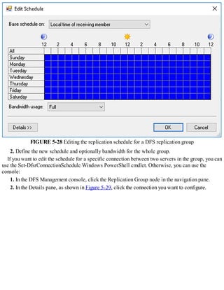 FIGURE 5-28 Editing the replication schedule for a DFS replication group
2. Define the new schedule and optionally bandwidth for the whole group.
If you want to edit the schedule for a specific connection between two servers in the group, you can
use the Set-DfsrConnectionSchedule Windows PowerShell cmdlet. Otherwise, you can use the
console:
1. In the DFS Management console, click the Replication Group node in the navigation pane.
2. In the Details pane, as shown in Figure 5-29, click the connection you want to configure.
 